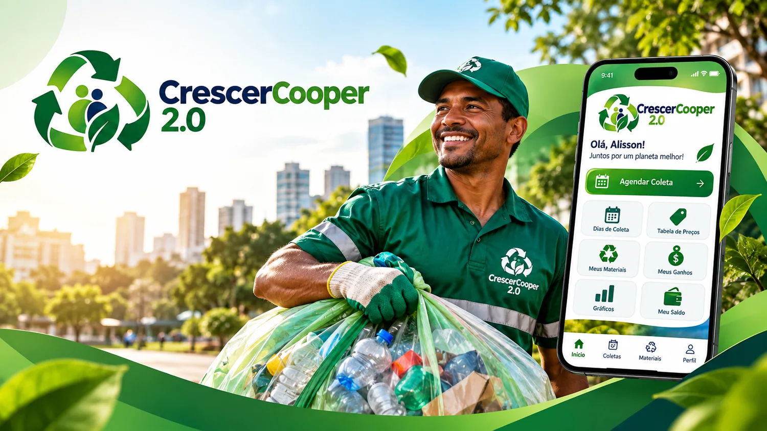Ilustração da conexão entre resíduos, coleta e reciclagem